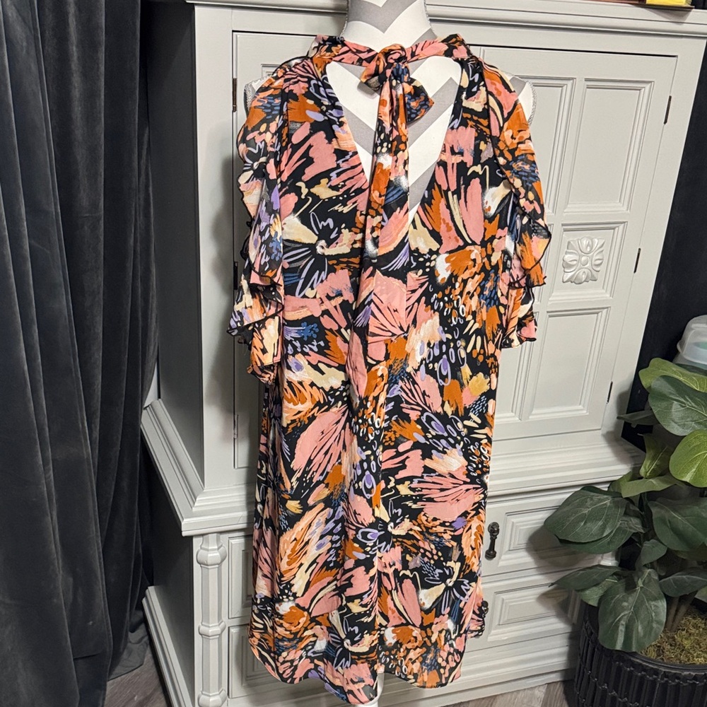 Floral Halter Neck Dress with Open Shoulder Sleeves - Multicolor Size 1X - Picture 8 of 11